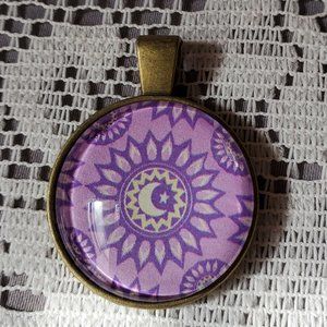 Pink & Purple Flowers & Moon Pendant - Handmade